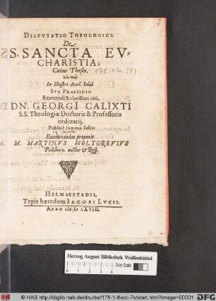 Disputatio Theologica De S. Sancta Eucharistia