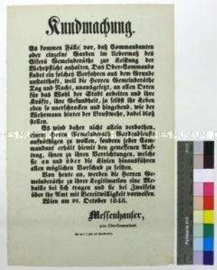 Kundmachung des Wiener provisorischen Oberkommandanten Messenhauer betreffend Freistellung der Gemeinderäte vom Wehrdienst