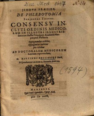 De Phlebotomia : Subjectas Theses ...