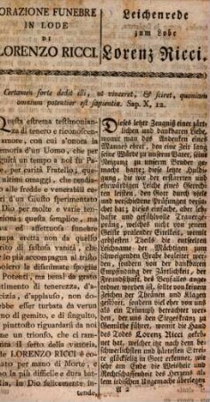 Orazione funebre in lode di Lorenzo Ricci ult. generale della Compagnia di Gesu