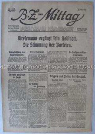 Berliner Tageszeitung "B.Z. am Mittag" zur Umbildung der Regierung Stresemann