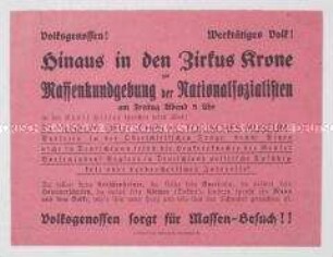 Handzettel mit dem Aufruf zu einer Kundgebung der NSDAP mit Hitler als Redner