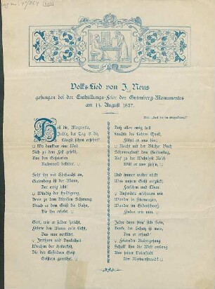 Volks-Lied : gesungen bei der Enthüllungs-Feier des Gutenberg-Monumentes am 14. August 1837