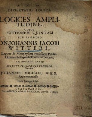 Dissertatio Logica De Logices Amplitudine, 5.. Cujus Portionem Quintam