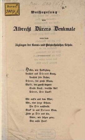 Weihegesang vor Albrecht Dürers Denkmale von den Zöglingen der Kunst- und Polytechnischen Schule