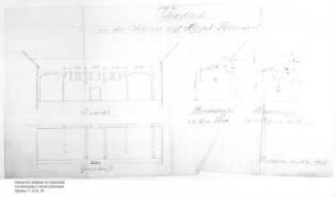 Grundriss, Aufriss und Schnitt für die Errichtung eines Vordachs an der Scheuer des Hofguts zu Petterweil