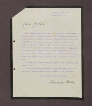 Schreiben von Marianne Weber an Prinz Max von Baden; Bitte um eine Abschrift der politischen Briefe zwecks einer Edition der politischen Schriften Max Webers