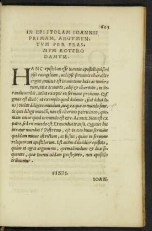 In Epistolam Ioannis Primam, Argumentum Per Erasmum Roterodamum.