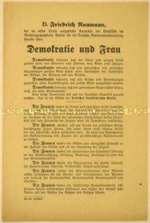 Programmatischer Wahlaufruf der Deutschen demokratischen Partei an die Frauen anlässlich der Wahlen zur Nationalversammlung