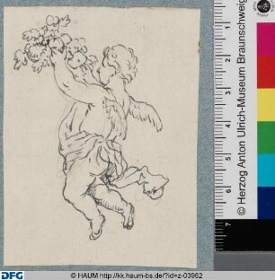 Schwebender Putto mit Blumen in den Händen