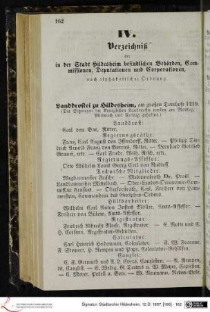 IV. Verzeichniß der in der Stadt Hildesheim befindlichen Behörden, Commissionen, Deputationen und Corporationen, nach alphabetischer Ordnung.