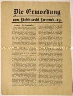 An die Arbeiter und gegen die Regierung gerichtete Darstellung der Kommunisten der Ermordung Karl Liebknechts und Rosa Luxemburgs - programmatische Rekonstruktion der Ereignisse