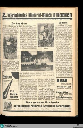 Karlsruher Tagblatt, Sonderbeilage. 2. Internationales Motorrad-Rennen in Hockenheim