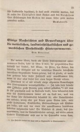 Einige Nachrichten und Bemerkungen über die natürlichen, landwirthschaftlichen und gewerblichen Verhältnisse Hinterpommerns.