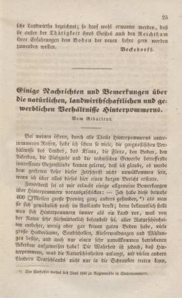 Einige Nachrichten und Bemerkungen über die natürlichen, landwirthschaftlichen und gewerblichen Verhältnisse Hinterpommerns.
