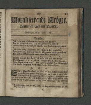 Nummer Een un Zwintig. Mahndags den 24. May 1751