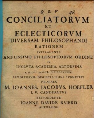 Conciliatorum et eclecticorum diversam philosophandi rationem