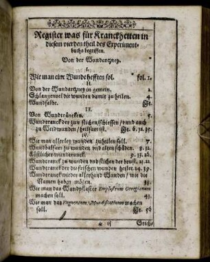 Register was für Kranckheiten in diesem vierden theil des Experimentbuchs begriffen.