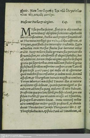 Musae cur Puellae [et] virgines. Cap. IIII.