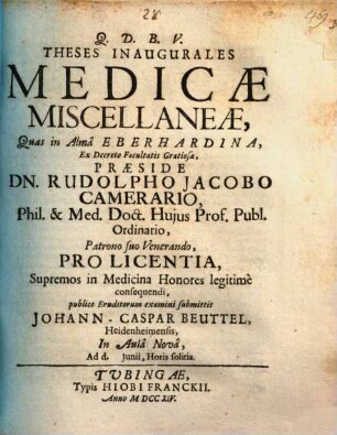 Theses inaugurales medicae miscellaneae