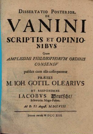 Dissertatio posterior de Vanini scriptis et opinionibus