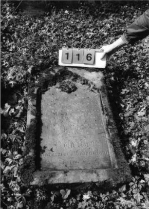 Grabstein 116 (Index: 99792212) Material: Sandstein Zustand: leicht verwittert, Stele liegend Maße HxBxT: 108x54x10 cm Beschreibung: Stele, giebelartiger Abschluß, Schriftfeld eingetieft Symbolik: Rundbogenfries, Blüte: Grabstein 116