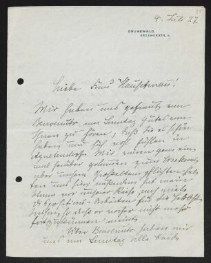 Brief von Hedwig Fischer an Margarete Hauptmann