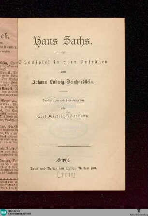 Hans Sachs : Schauspiel in vier Aufzügen