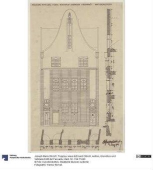 Troppau, Haus Edmund Olbrich, Aufriss, Grundriss und Vertikalschnitt der Fassade