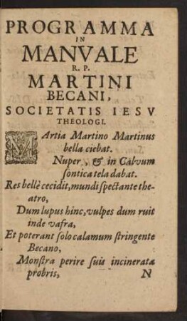 Programma In Manvale R. P. Martini Becani, Societatis Iesv Theologi.