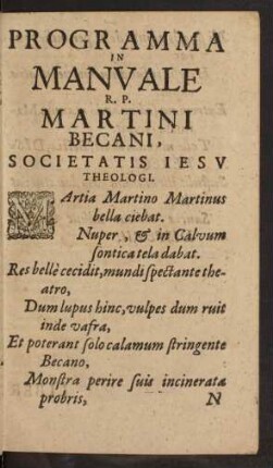 Programma In Manvale R. P. Martini Becani, Societatis Iesv Theologi.