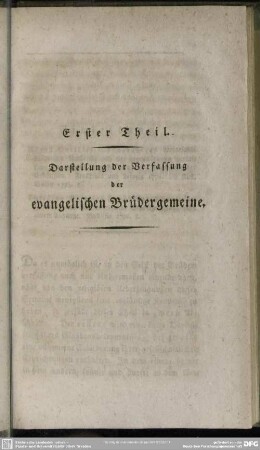 Erster Theil. Darstellung der Verfassung der evangelischen Brüdergemeine