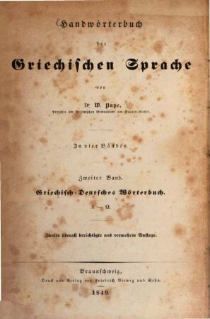W. Pape's Handwörterbuch der griechischen Sprache : in vier Bänden. 2, Griechisch-deutsches Handwörterbuch : Lambda - Omega