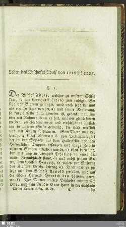 Leben des Bischofes Adolf von 1216 bis 1225
