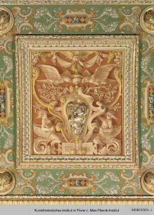 Deckendekoration des Salone Verde : Weibliche Allegorien in Wappenkartuschen, von Meerwesen flankiert