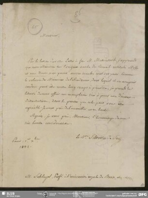Eigenh. Brief von Antoine Isaac Silvestre de Sacy an August Wilhelm von Schlegel, Paris, 01.12.1832