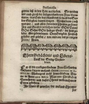 Ehren Gedächtnis und Lebens-Lauff der Seelig-Verstorbenen.