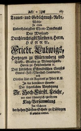 Trauer- und Gedächtnuß-Rede, ... Friedr. Ludwigs, Hertzogen zu Würtemberg ...