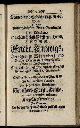 Trauer- und Gedächtnuß-Rede, ... Friedr. Ludwigs, Hertzogen zu Würtemberg ...