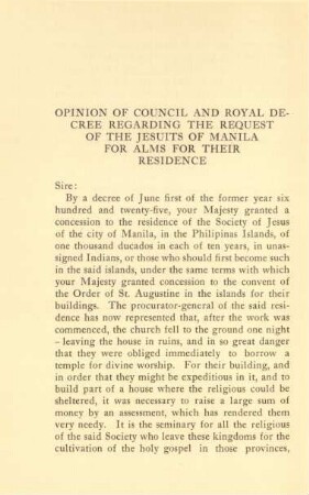 Opinion of Council and royal decree regarding the request of the Jesuits of Manila for alms for their residence