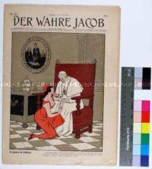 Stuttgarter satirische Zeitschrift "Der wahre Jacob" mit Satiren auf ein Marineluftschiffunglück, die Nationalflugspende, die Politik Frankreichs gegenüber dem Vatikan, innerdeutsche Angelegenheiten, das Verhältnis Preußens und Großbritanniens sowie auf den Kiewer Ritualmordprozess