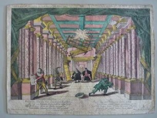 Guckkastenbild der Reihe "Der Schwätzer und der Leichtgläubige", Tafel 10 mit Szene in einem Saal mit Pirot als Frosch