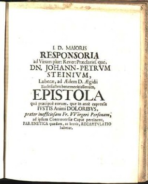 Responsoria ad ... Johann-Petrvm Steinivm, Lubecæ, ... Epistola
