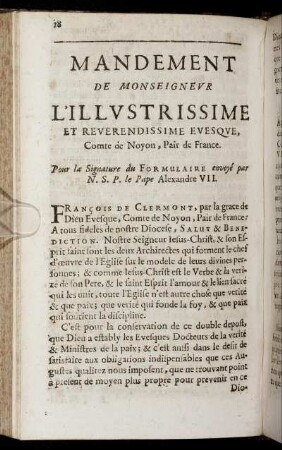 Mandement De Monseigneur ... Evesque, Comte de Noyou