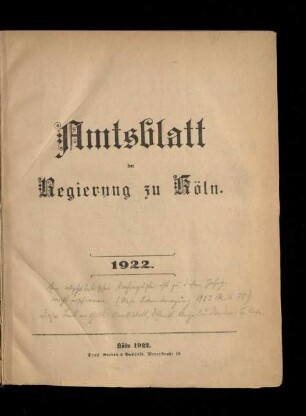 Amtsblatt der Regierung zu Köln / 1922