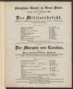 [Ankündigung:] Hierauf: Der Marquis von Carabas, oder Der gestiefelte Kater : Komisches Zauber-Ballet in 2 Aufzügen