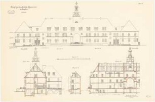 Joachimsthalsches Gymnasium, Templin: Schülerwohngebäude Villa III und IV: Aufriss Südansicht, Längsschnitt, Querschnitte 1:100
