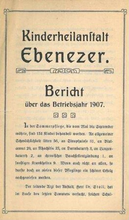 Berichte über die Kinderheilanstalt Ebenezer