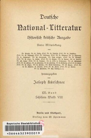 Schillers Werke, 8. Körners Vormittag : Oberon ; Die Malteser ; Narbonne oder die Kinder des Hauses ; Das Schiff ; Warbeck ; Agrippina ; Die Braut in Trauer oder zweiter Teil der Räuber ; Rosamunde oder die Braut der Hölle ; Entwurf eines Lustspiels im Geschmack von Goethes Bürgergeneral ; Die Polizei ; Themistokles ; Gräfin von Flandern ; Die Flibustiers ; Die Herzogin von Zelle oder der Graf von Königsmark ; Elfriede ; Demetrius