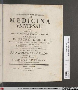 Dissertatio Inavgvralis Medica De Medicina Vniversali